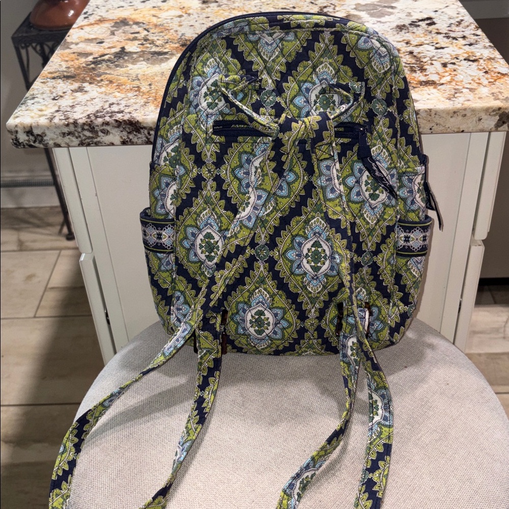 Vera Bradley Quilted Mini Backpack Purse Green Navy Blue - Picture 8 of 11